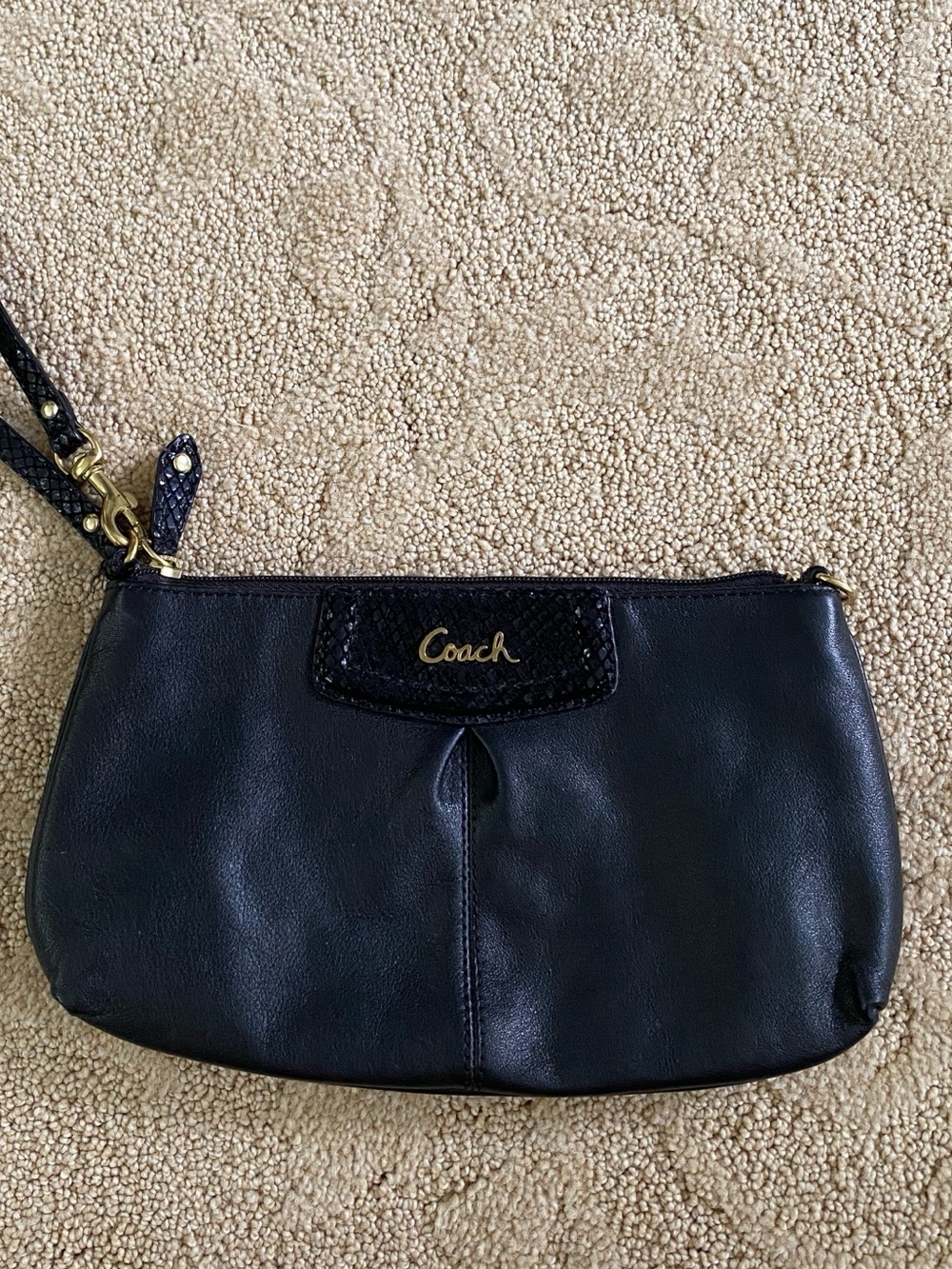 Coach Ashley Black Mini Wristlet Top Zipper Bag Purse Leather Gold-Tone Hardware